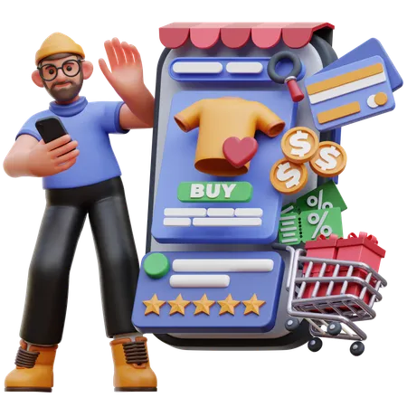 Personagem masculino fazendo compras online  3D Illustration