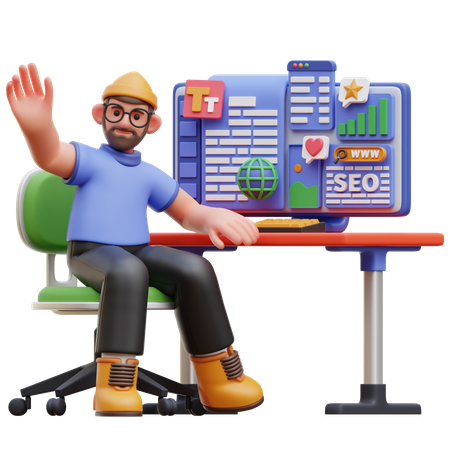 Personagem masculino na mesa com painel de SEO  3D Illustration