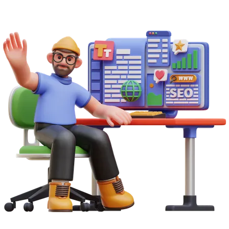 Personagem masculino na mesa com painel de SEO  3D Illustration