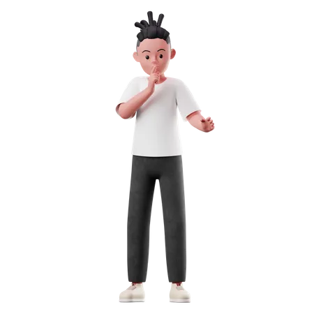 Personagem masculino pedindo para fazer pose tranquila  3D Illustration