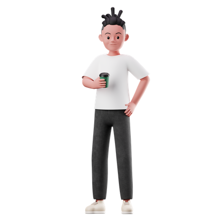 Personagem masculino segurando uma xícara de café  3D Illustration