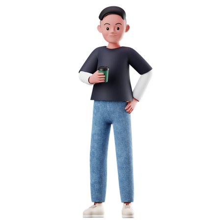 Personagem masculino segurando uma xícara de café  3D Illustration
