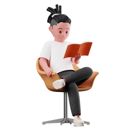 Personagem masculino sentado e lendo um livro  3D Illustration