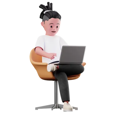 Personagem masculino sentado e usando laptop  3D Illustration