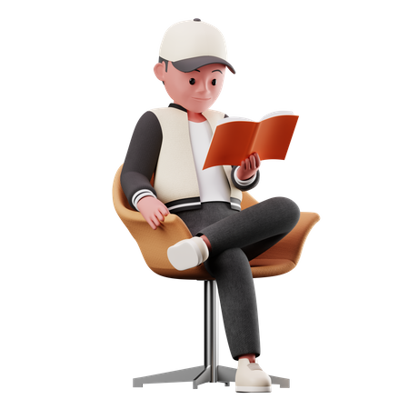 Personagem masculino sentado na cadeira e lendo um livro  3D Illustration