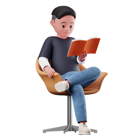 Personagem masculino sentado na cadeira e lendo um livro  3D Illustration