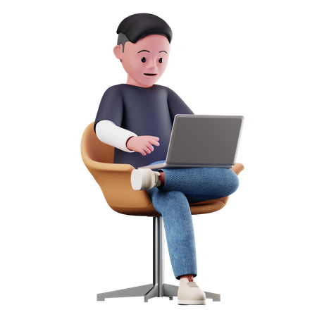 Personagem masculino sentado na cadeira e usando o laptop  3D Illustration