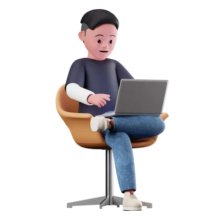 Personagem masculino sentado na cadeira e usando o laptop  3D Illustration