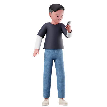 Personagem masculino usando um smartphone  3D Illustration