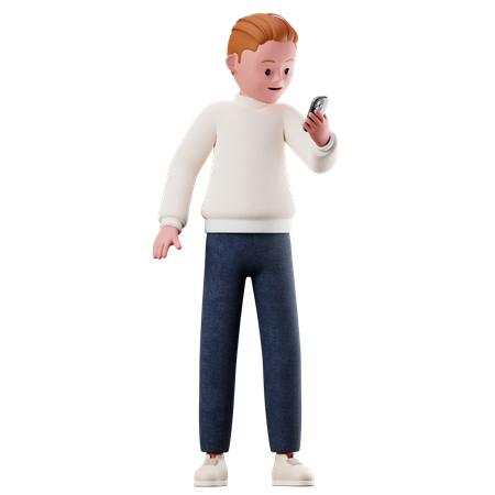 Personagem masculino usando um smartphone  3D Illustration