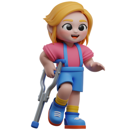 Personagem de menina andando com muletas  3D Illustration