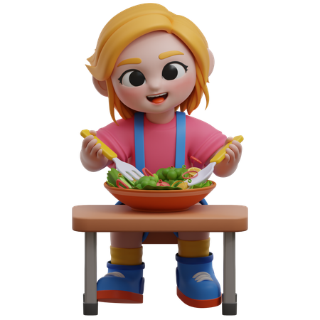 Personagem feminina aproveitando salada em uma mesa  3D Illustration