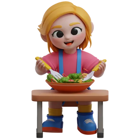 Personagem feminina aproveitando salada em uma mesa  3D Illustration