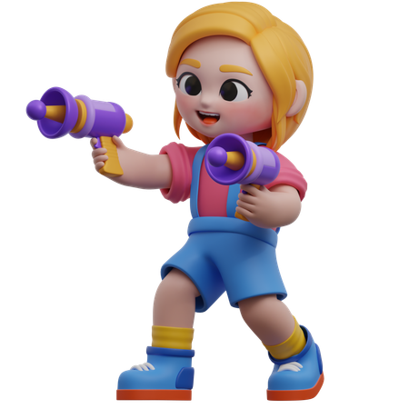 Personagem de menina brincando com brinquedos de armas  3D Illustration