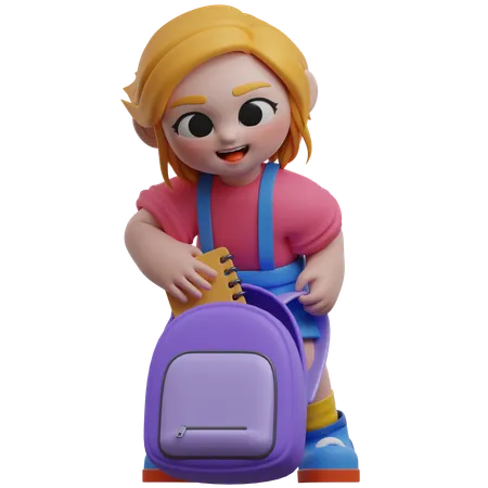 Personagem de menina com mochila escolar  3D Illustration