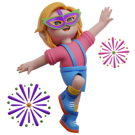 Personagem feminina comemorando com fogos de artifício  3D Illustration