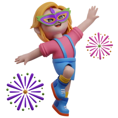 Personagem feminina comemorando com fogos de artifício  3D Illustration