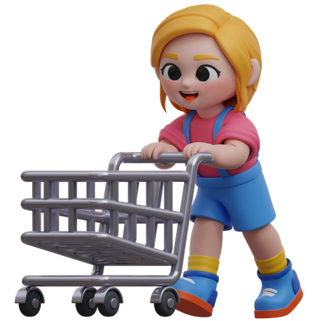 Personagem feminina empurrando carrinho de compras  3D Illustration