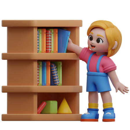 Personagem feminina organizando livros na prateleira  3D Illustration