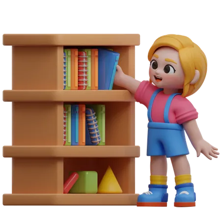 Personagem feminina organizando livros na prateleira  3D Illustration