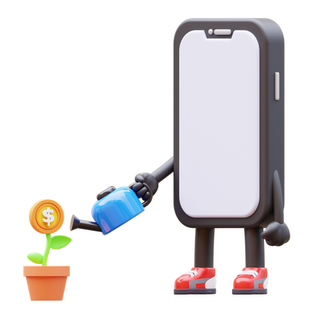 Personagem de smartphone regando planta de dinheiro para investimento  3D Illustration