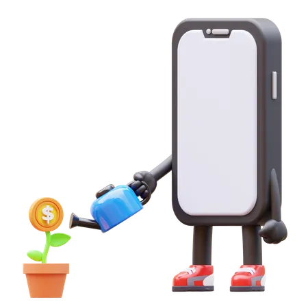 Personagem de smartphone regando planta de dinheiro para investimento  3D Illustration