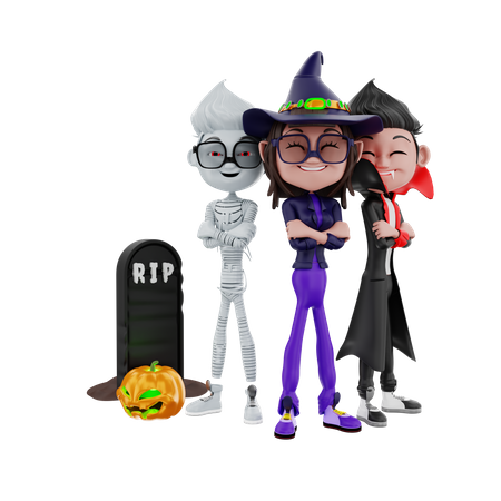 Personagens de Halloween posando juntos  3D Illustration