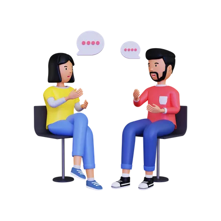 Personagens 3D masculinos e femininos estão conversando enquanto estão sentados em uma cadeira  3D Illustration