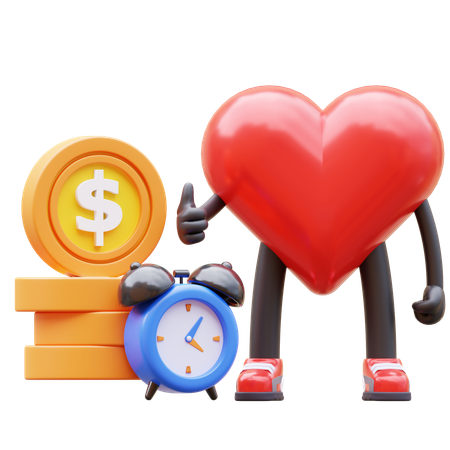 El tiempo del personaje del corazón es dinero.  3D Icon