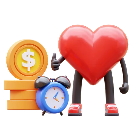 El tiempo del personaje del corazón es dinero.  3D Icon