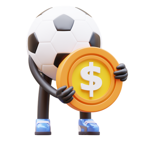 Personaje de balón de fútbol con moneda  3D Illustration