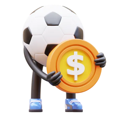 Personaje de balón de fútbol con moneda  3D Illustration
