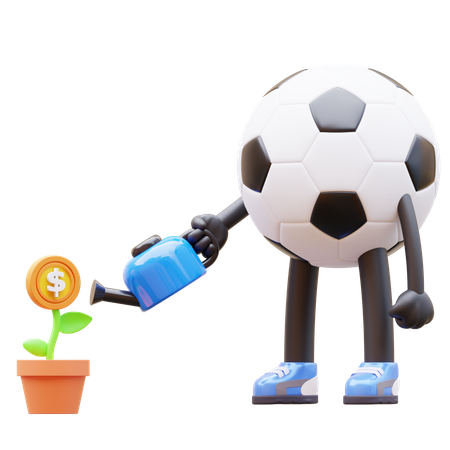 Personaje de balón de fútbol regando planta de dinero para inversión  3D Illustration