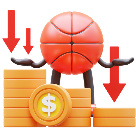 Personaje de baloncesto mostrando gráfico de dinero cayendo  3D Illustration