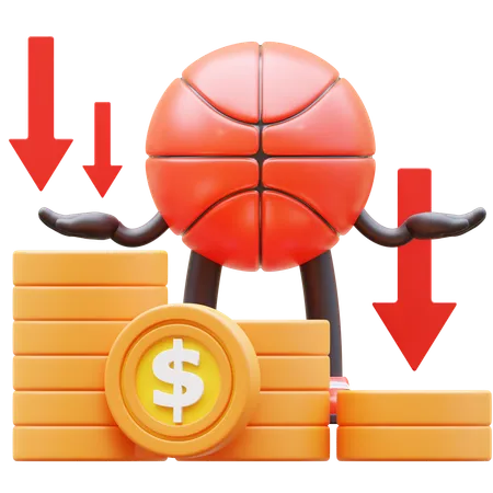 Personaje de baloncesto mostrando gráfico de dinero cayendo  3D Illustration