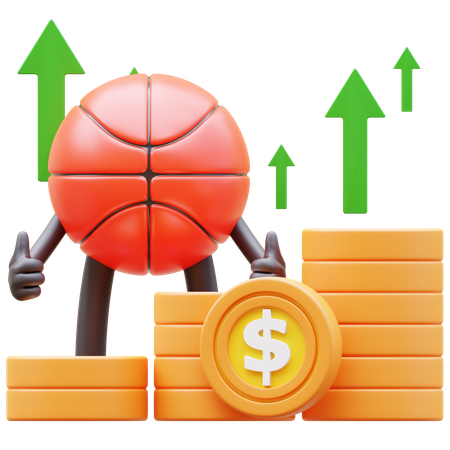 Personaje de baloncesto que muestra el gráfico de dinero levantándose  3D Illustration