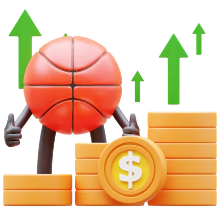 Personaje de baloncesto que muestra el gráfico de dinero levantándose  3D Illustration