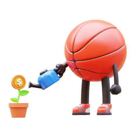 Personaje de baloncesto regando planta de dinero para inversión  3D Illustration