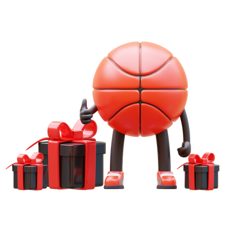 El personaje de baloncesto tiene regalos.  3D Illustration