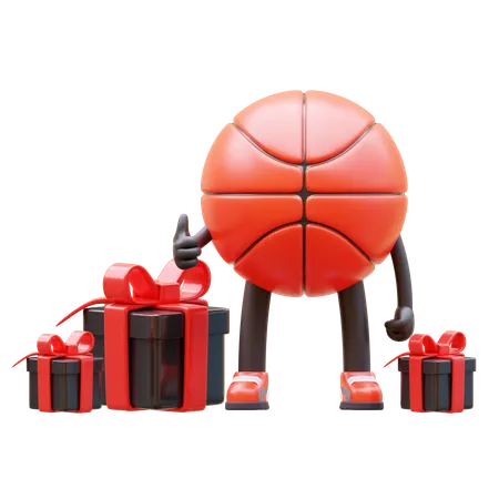 El personaje de baloncesto tiene regalos.  3D Illustration