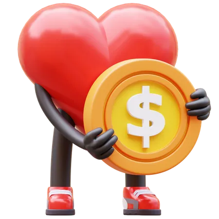 Carácter del corazón con moneda  3D Icon