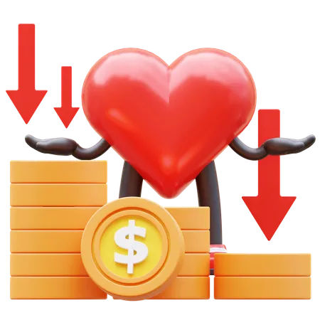 Carácter del corazón que muestra el gráfico del dinero en aumento  3D Icon