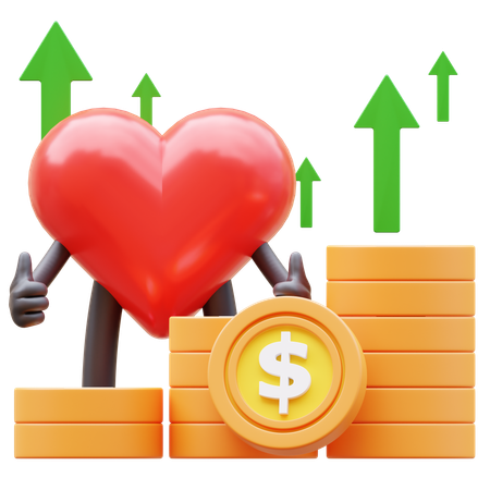 Carácter del corazón que muestra el gráfico del dinero en aumento  3D Icon