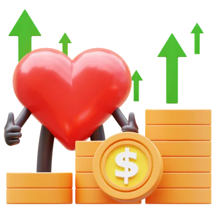 Carácter del corazón que muestra el gráfico del dinero en aumento  3D Icon