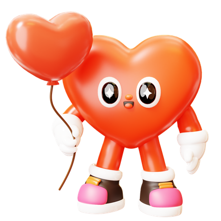 Personaje de corazón sosteniendo globo de corazón  3D Illustration