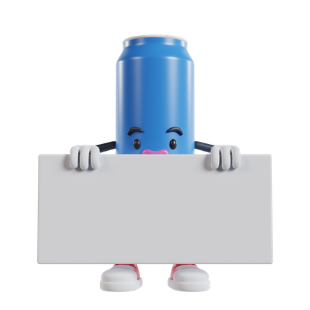 Personaje de lata de bebida de pie y sosteniendo una larga pancarta blanca con las dos manos  3D Illustration