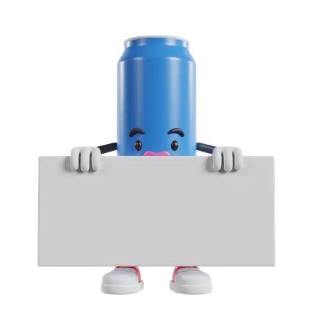 Personaje de lata de bebida de pie y sosteniendo una larga pancarta blanca con las dos manos  3D Illustration