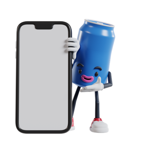 Personaje de lata de refresco asomándose desde detrás de un gran teléfono móvil y mostrando lo que hay en la pantalla a mano  3D Illustration
