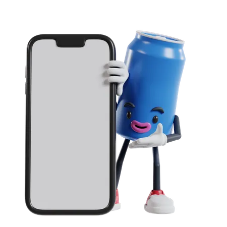 Personaje de lata de refresco asomándose desde detrás de un gran teléfono móvil y mostrando lo que hay en la pantalla a mano  3D Illustration