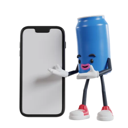 Lata de refresco personaje que presenta un gran teléfono móvil con ambas manos  3D Illustration
